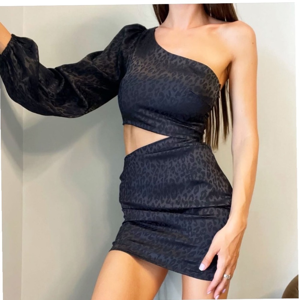 Shein Black Leopard Satin One Shoulder Ruched Mini Dress Long Sleeve Size S 4